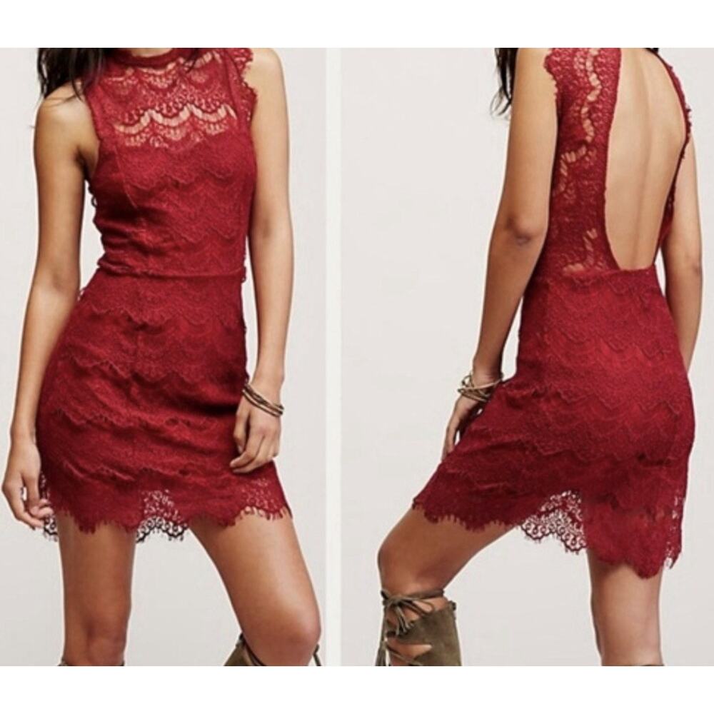 NWT Free People Daydream Sz Medium Bodycon Lace Mini Open Back Dress Cherry Red